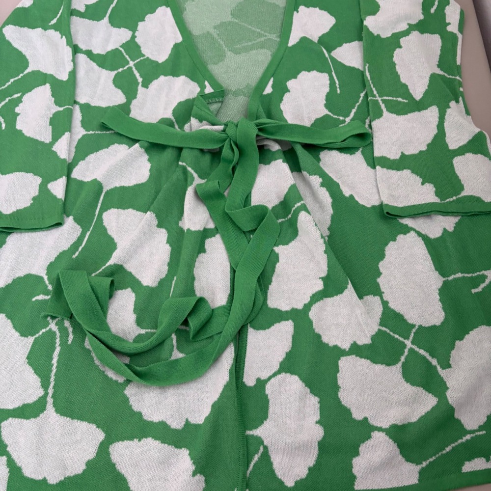 Diane von Furstenberg Green White Ginkgo Leaf Wrap Cardigan Sweater Size M Layr - Picture 6 of 12
